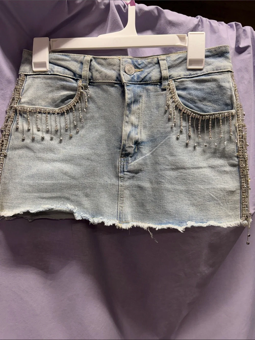 Light Wash Denim Mini Skirt with Rhinestone Fringe